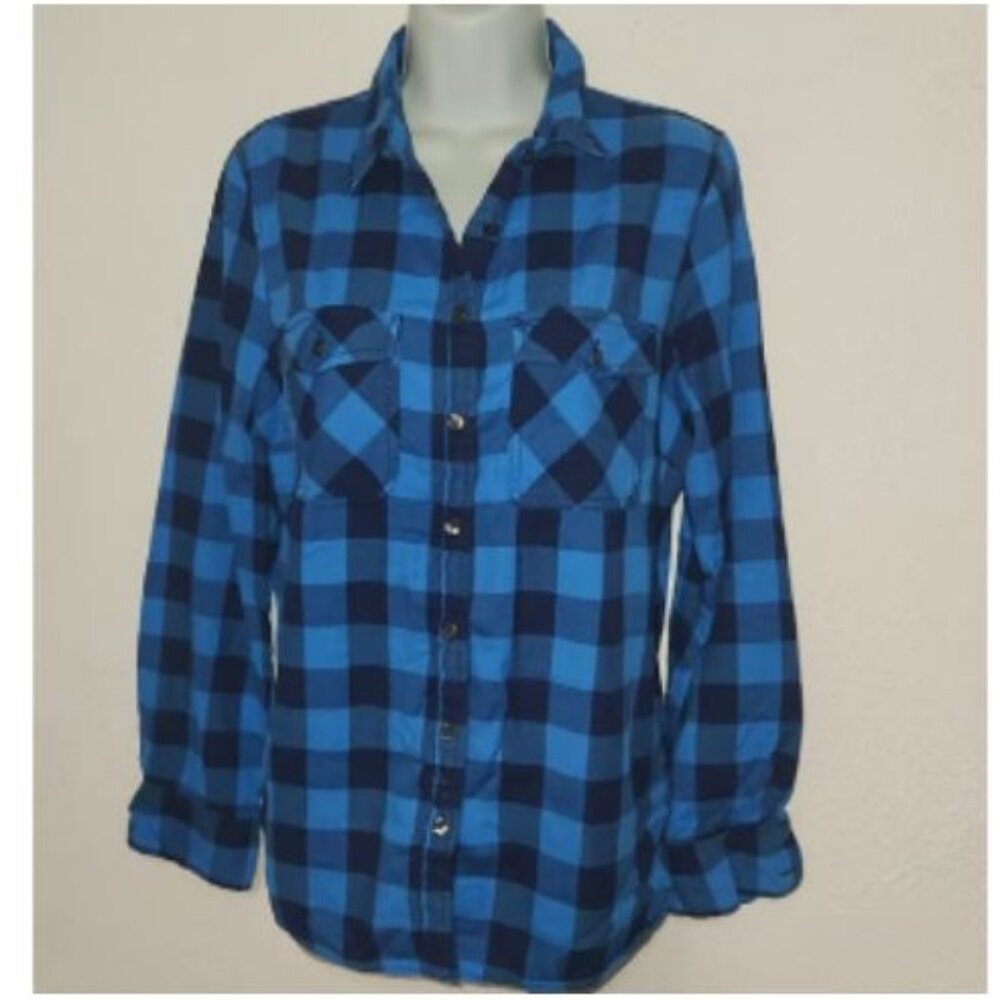 J. Crew stylish flannel button-front top, blue and black checkered in size Large